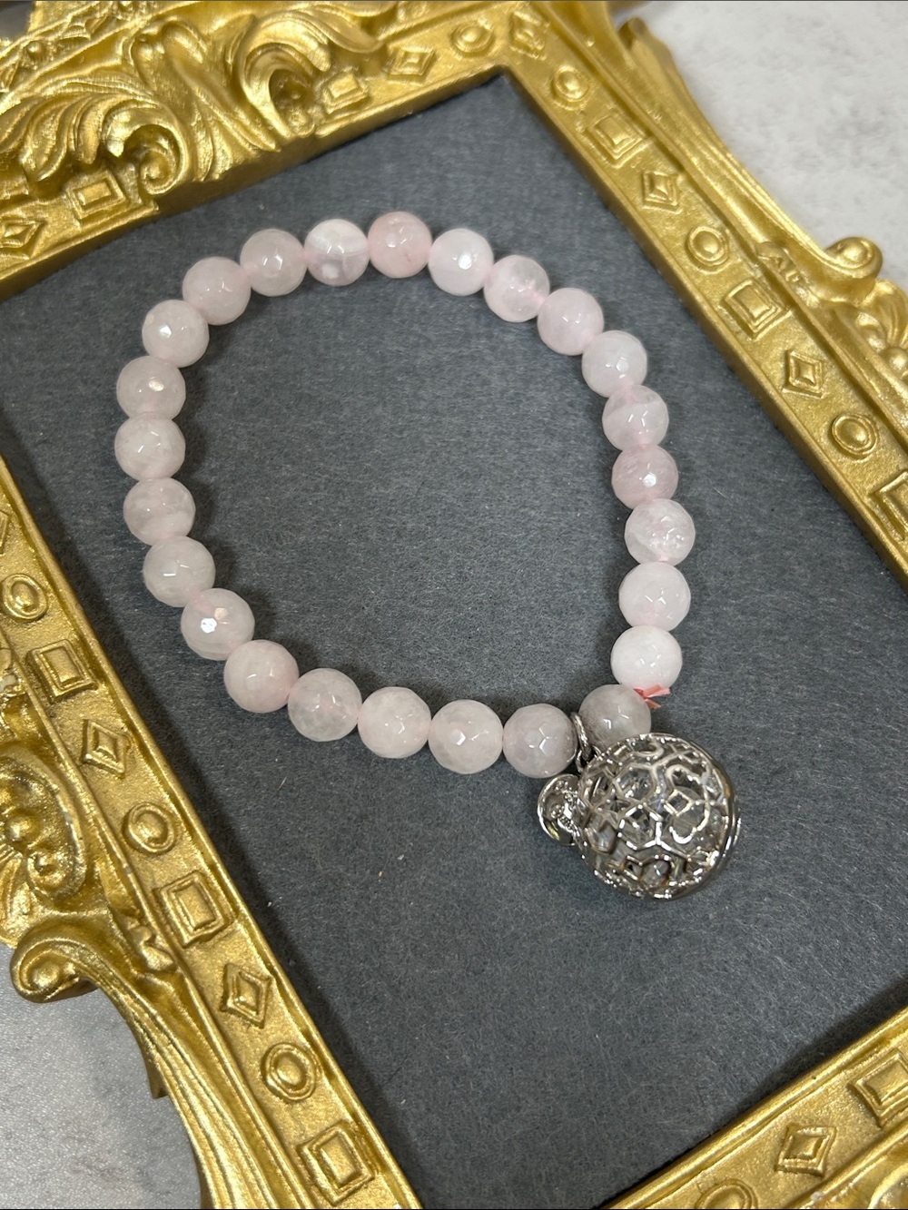 Rose Quartz Bracelet with Silver Cage Charm